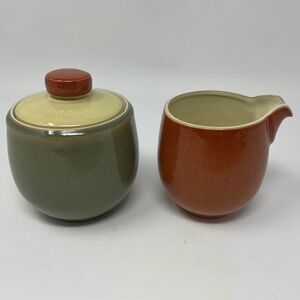 Denby Fire (retired) Stoneware Lidded Sugar Bowl & Creamer